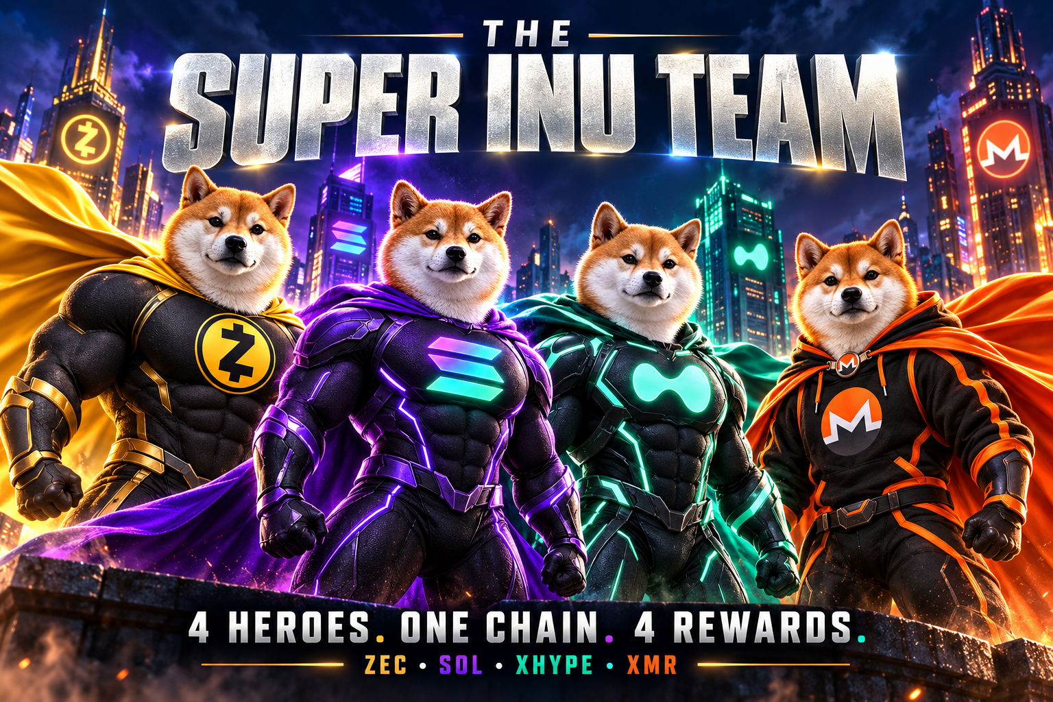 Zcash, Solana, Hype and Monero Inu superheroes assembled in gold, purple, mint and orange